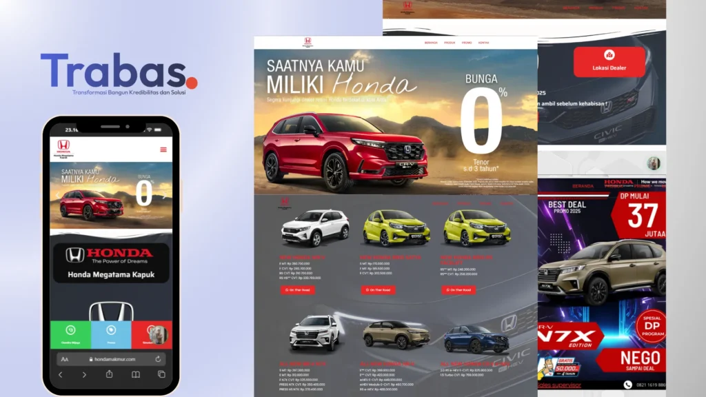 Jasa bikin website dealer mobil Honda modern, menampilkan desain responsif dengan promo bunga 0% dan koleksi mobil Brio, CRV, HRV, Civic.
