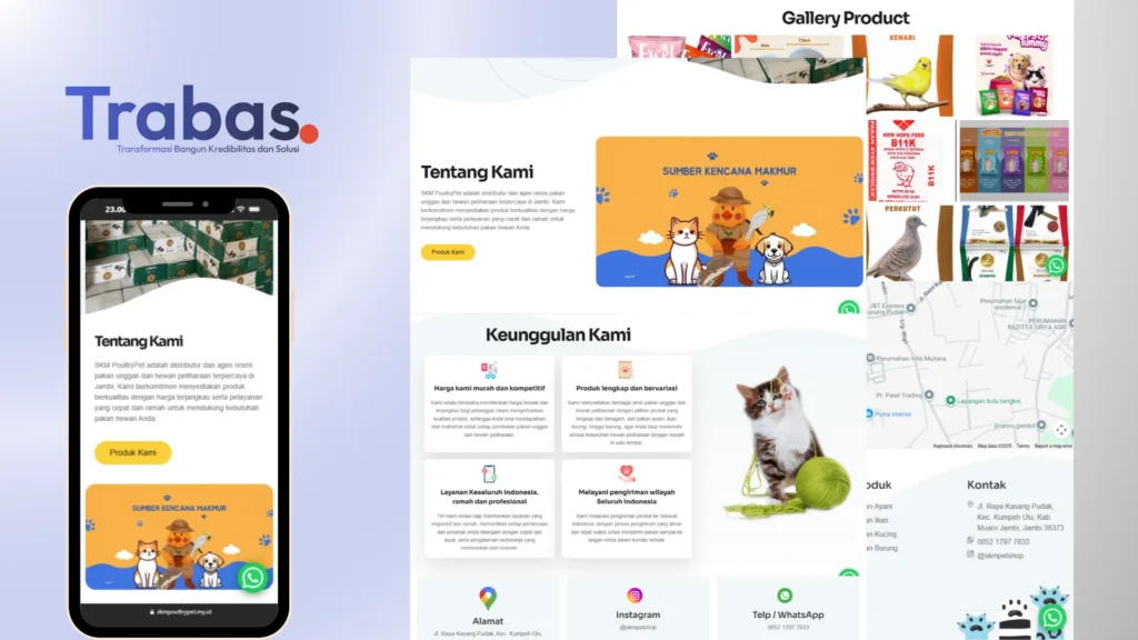 Desain website e-commerce Sumber Kencana Makmur, contoh toko online pakan hewan yang profesional untuk UMKM pakan kucing, burung, dan ternak.