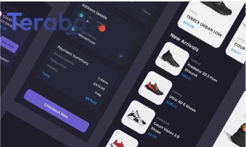 Contoh UIUX Design aplikasi mobile marketplace skema gelap (dark mode) dengan fokus pada Checkout dan Payment Summary oleh Terabas.